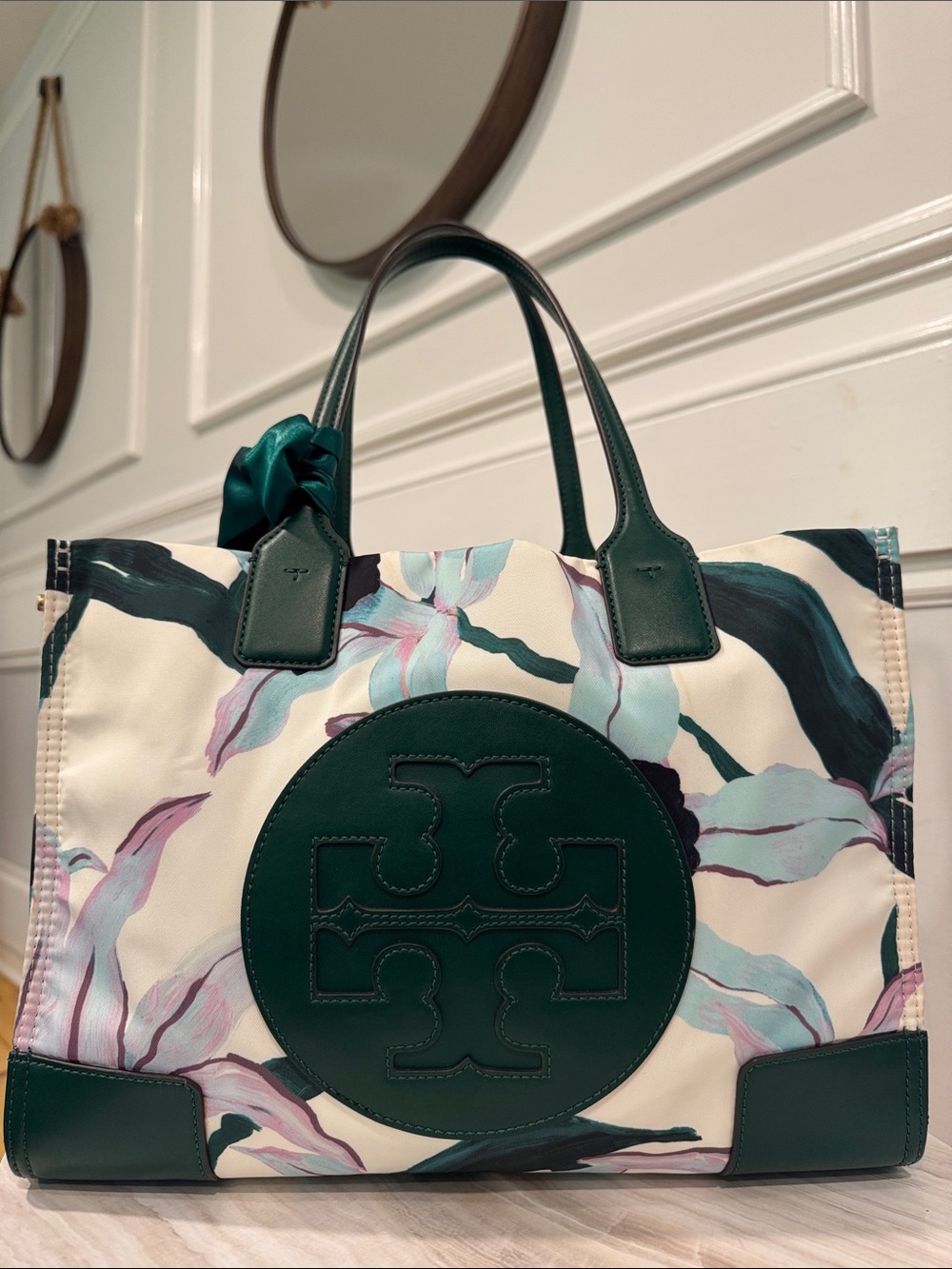Tory Burch Bag Small Ella Limited Edition Floral Tote with Green Leather Trim - Picture 5 of 17